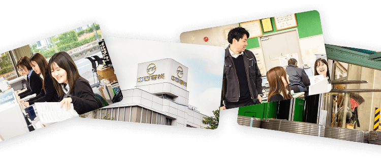 社内業務や打ち合わせの様子と本社外観をまとめたイメージ写真